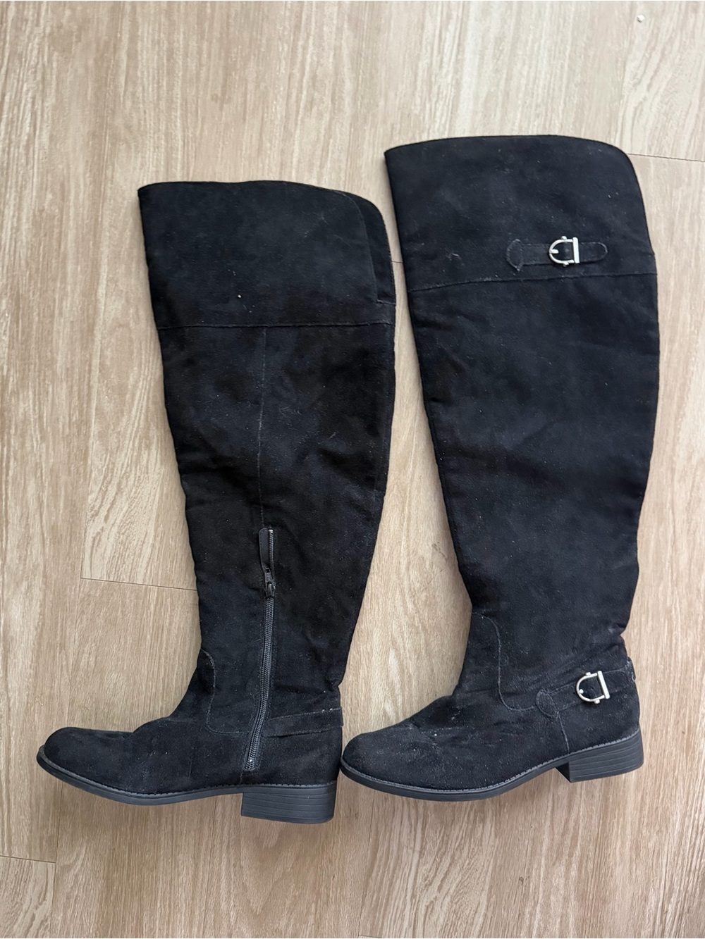 Over-The-Knee Wide Calf Black Suede Boots with Buckle Detail